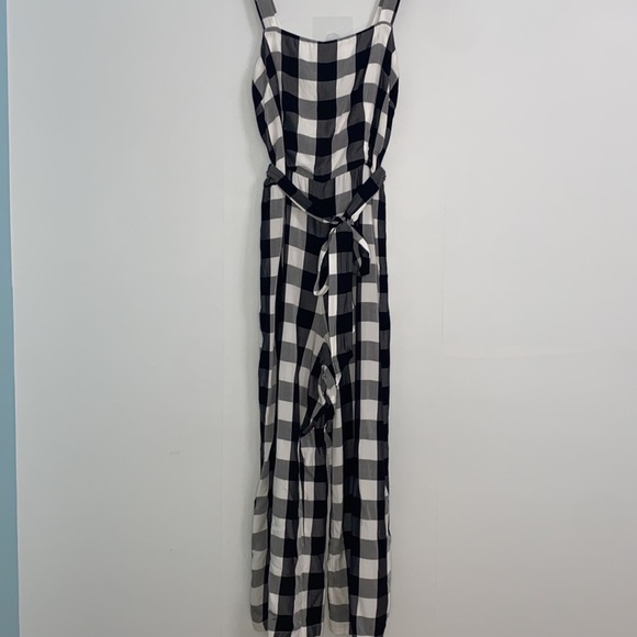 LOFT wide leg cropped plaid checkered gingham belted smocked jumpsuit romper M - Picture 7 of 10